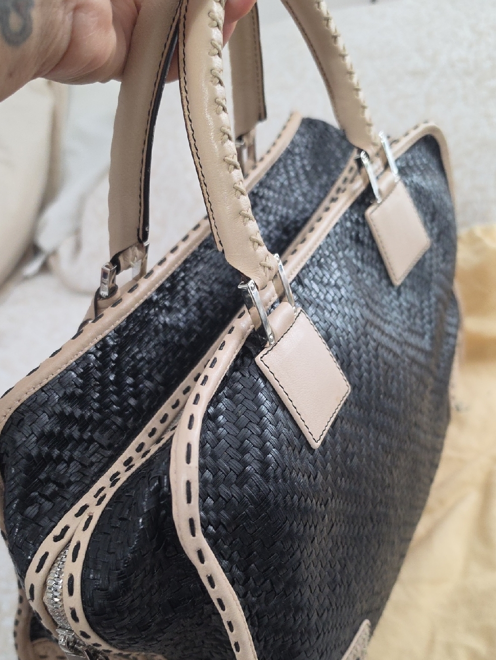 Leather-Trim Woven Satchel Bag - Black & Beige - Picture 6 of 16